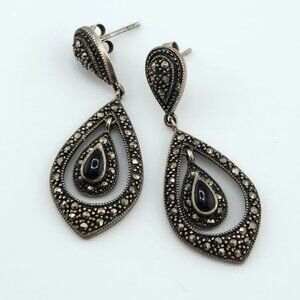 Sterling Silver 925 1.5" Earrings Onyx & Marcasite Articulated Tear Drop Dangle